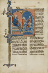 Initiale N- Jakob I. von Aragon beaufsichtigt ein Gericht